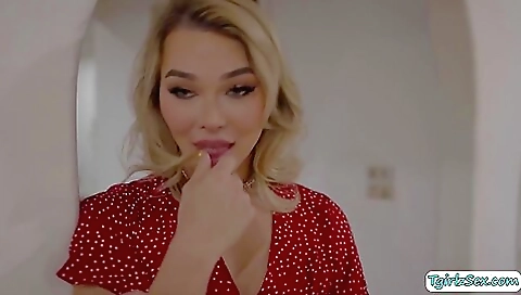 Blonde teen riding her huge dick in various positions