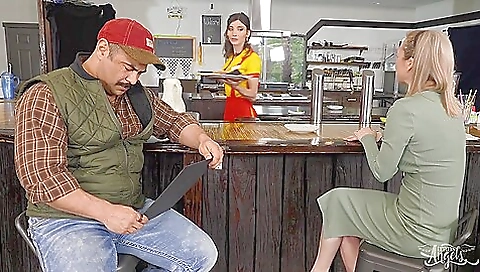 Interracial sex movie with a slutty brunette in black pants