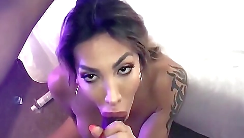 Big ass brunette gets a deepthroat blowjob from a black man