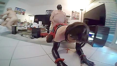 Sexy brunette in stockings enjoys fucking in the bed