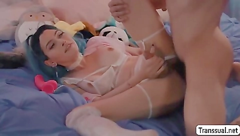 Big tits tgirl with sexy clothes got a deepthroated toy