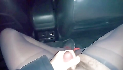 Sexy brunette 18+ in stockings sucking on her cock in car