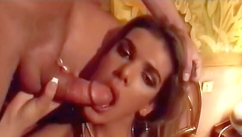 Hot brunette with large tits and ass fucked by two men