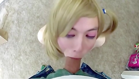 Girl with a lovely face gives a head to a dude in deepthroat