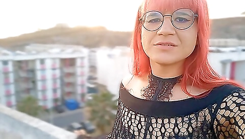 Hot brunette with a sexy face is riding a dick outdoors