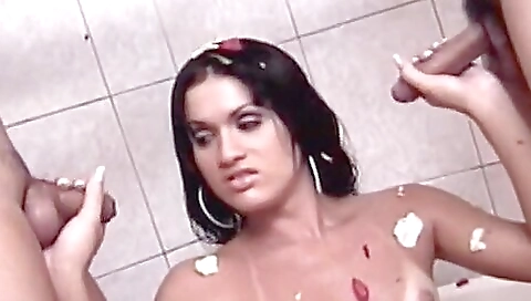 Busty shemale with a hairy pussy gets two cocks in the ass